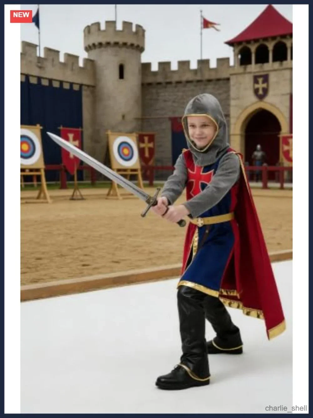 8 Pc Medieval Knight Costume Set Boys Girls Hood Tunic Cloak Shield Sword
